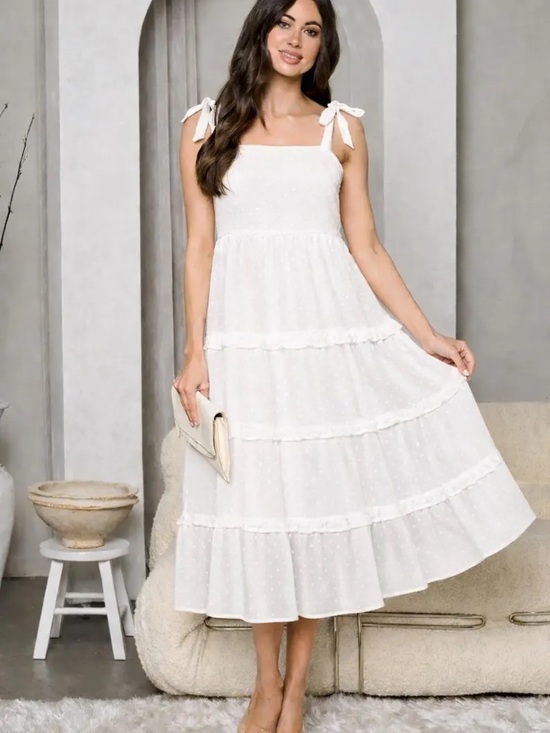 Dresses & Skirts - Women’s White Tiered Tie-Shoulder Midi Dress